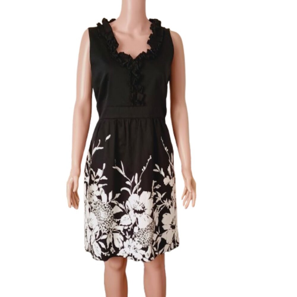 Vtg Black & White Floral Dress 14 Sleeveless Ruffle Neckline Side Zip Pockets